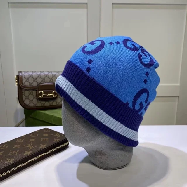 Gucci Hats GG monogram knit beanie with striped ribbed cuff product detail image 7