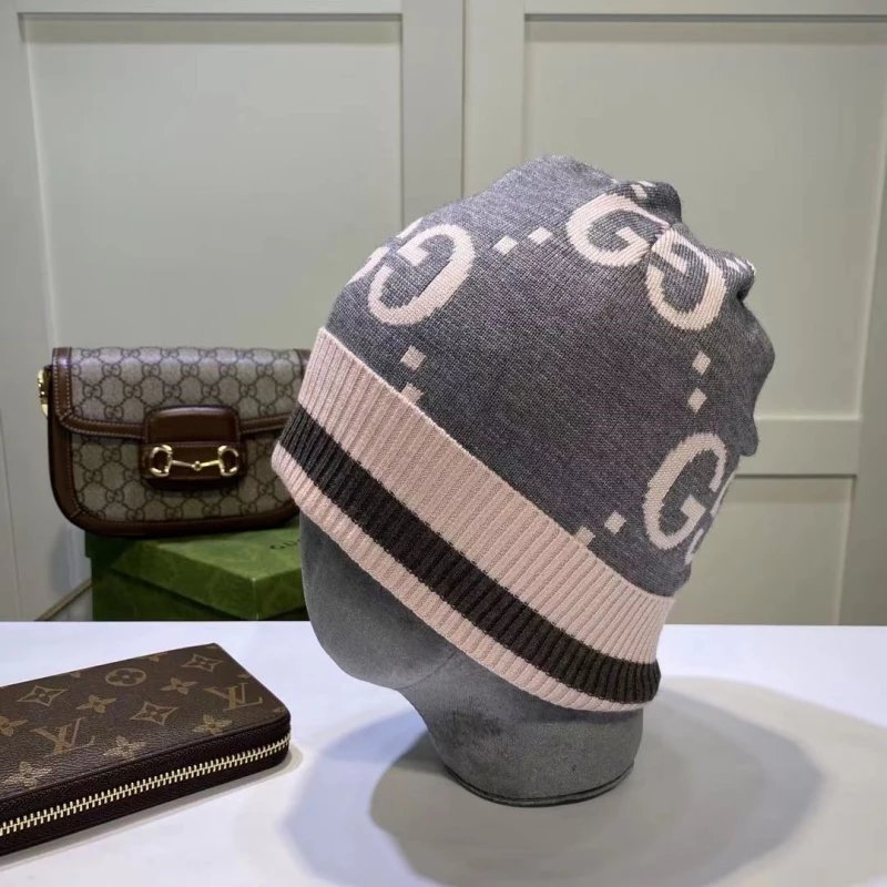 Gucci Hats GG monogram knit beanie with striped ribbed cuff image 7