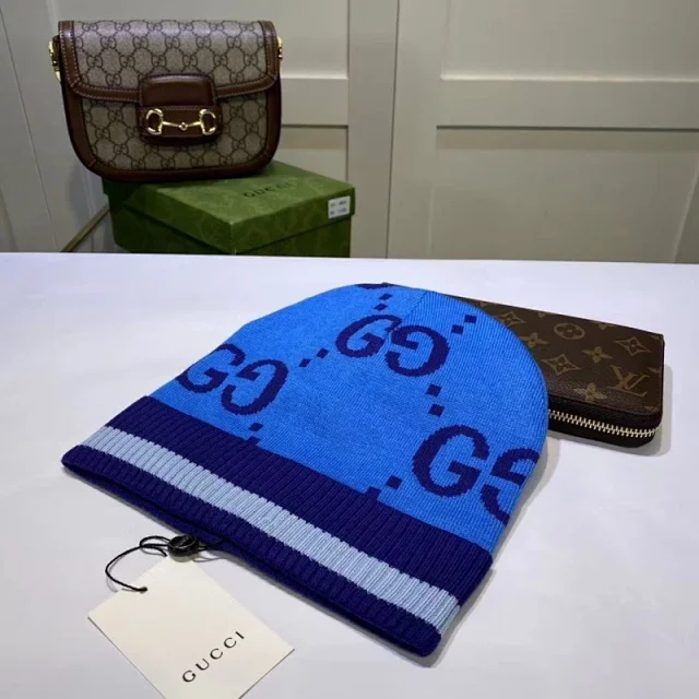 Gucci Hats GG monogram knit beanie with striped ribbed cuff product detail image 4