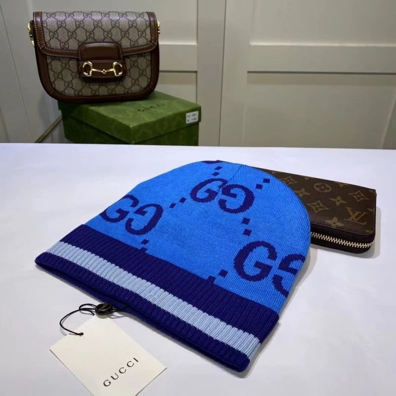 Gucci Hats GG monogram knit beanie with striped ribbed cuff image 5