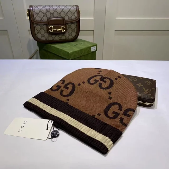Gucci Hats GG monogram knit beanie with striped ribbed cuff product detail image 2