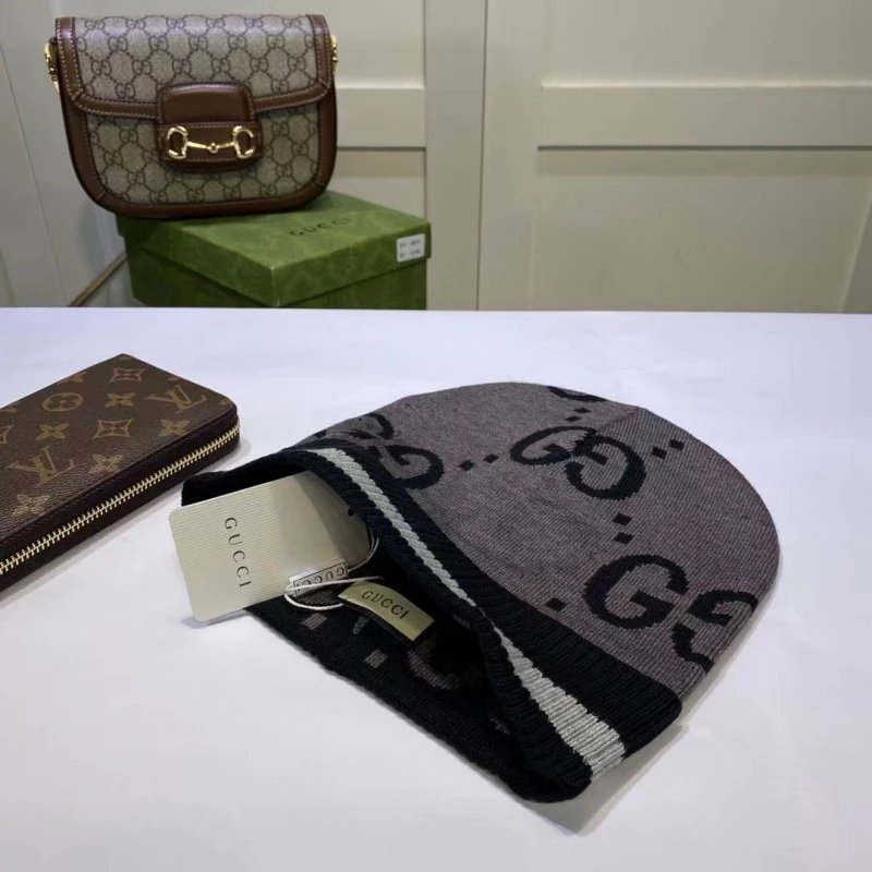 Gucci Hats GG monogram knit beanie with striped ribbed cuff image 4