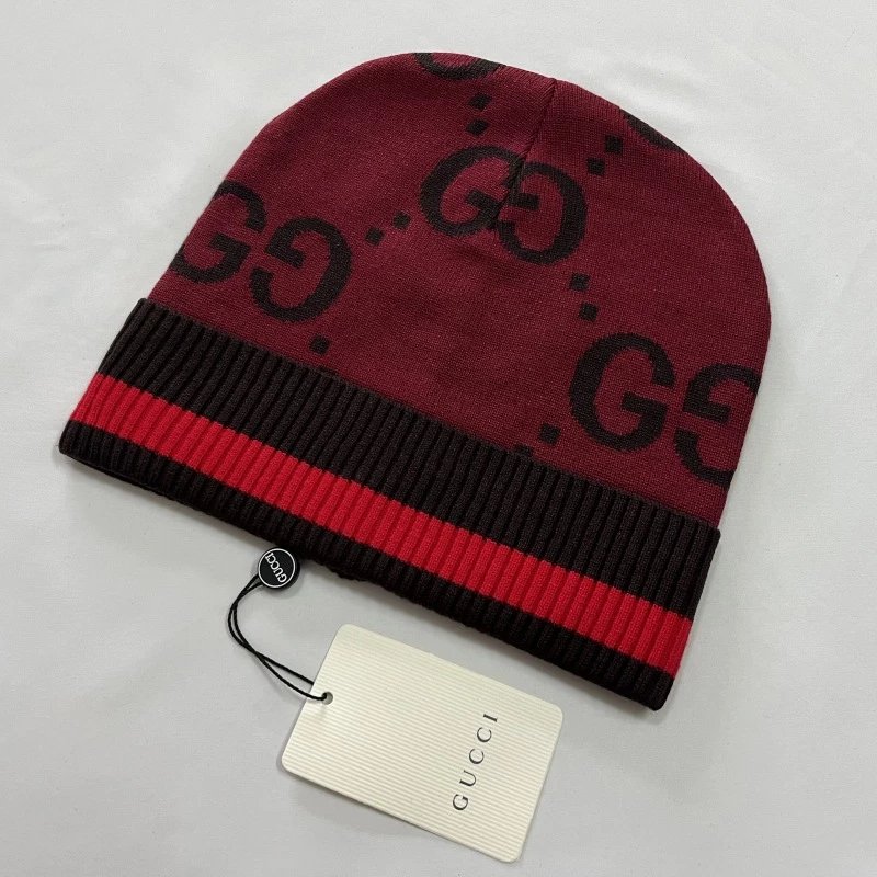 Gucci Hats GG monogram knit beanie with striped ribbed cuff image 12