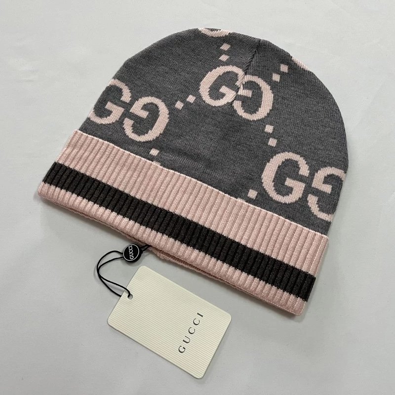 Gucci Hats GG monogram knit beanie with striped ribbed cuff image 11