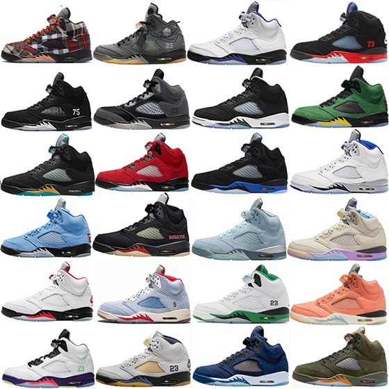 Air Jordan 5 (AJ5) Retro Basketball Shoes for Men and Women - Black/Red, DJ, Black/White/Red Plaid, White/Purple, Orange, White/Red (Bulls), White/Blue, White Cement, Union Black Flyknit, University Blue, Black/Red, Aqua, Ice Blue, Black/Blue, Reverse Fresh Prince Split
