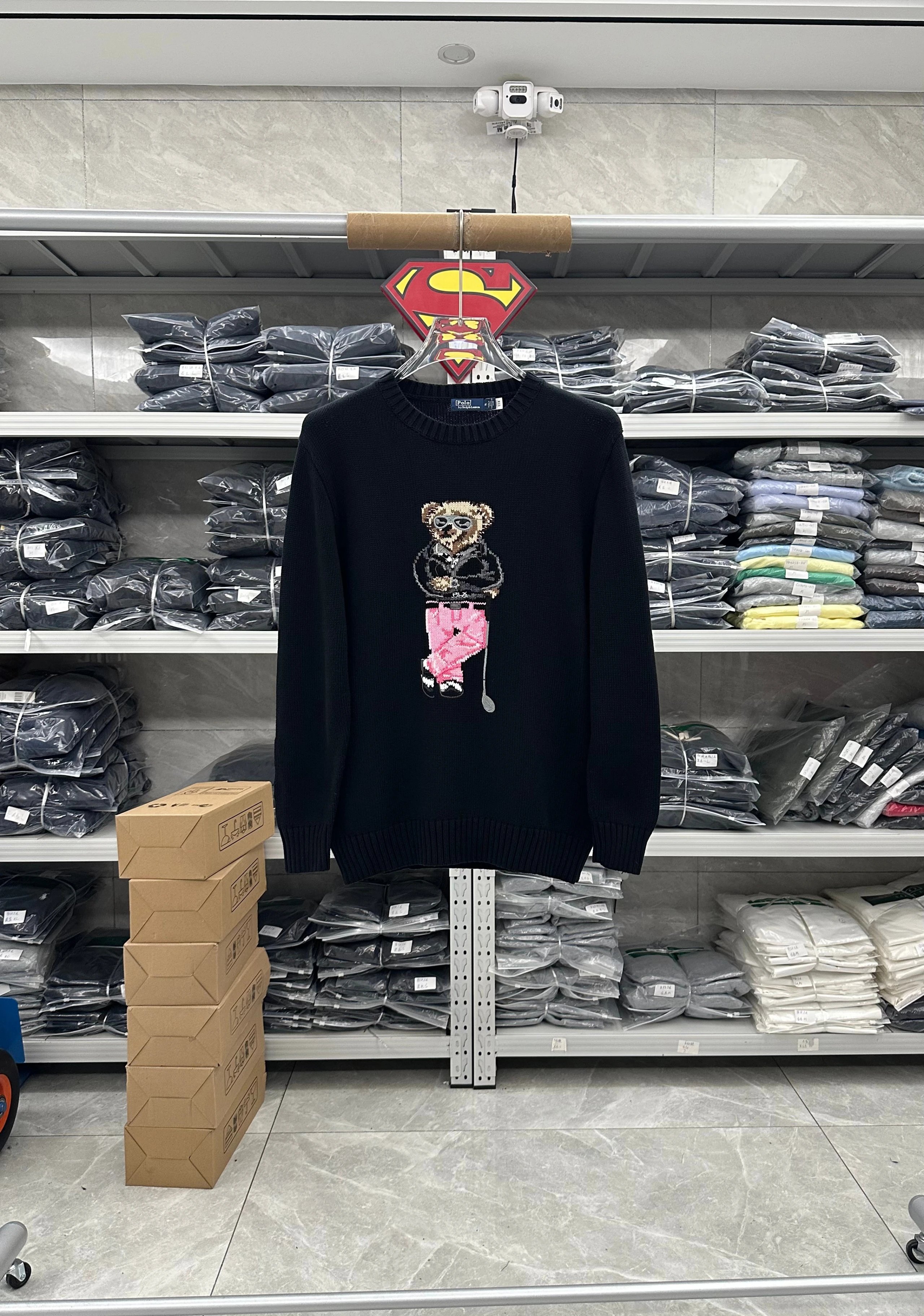 1931RY-RL-Men's Cotton Sweater-Pink Pants Golf Bear Black