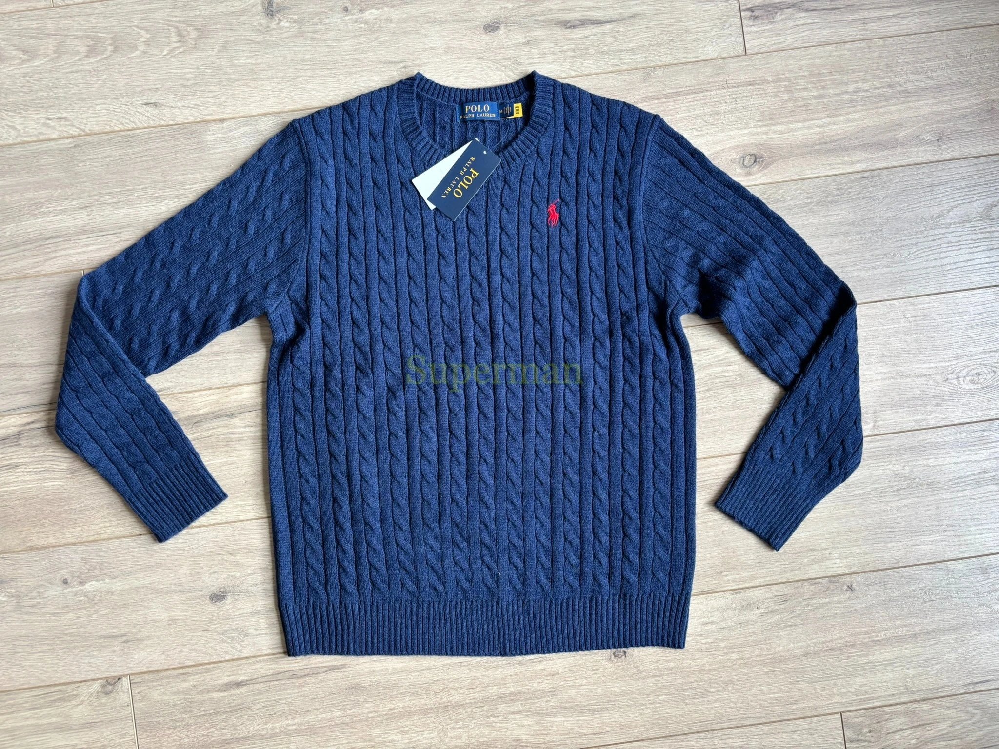 B01 Men's round neck long sleeved wool sweater - navy blue
