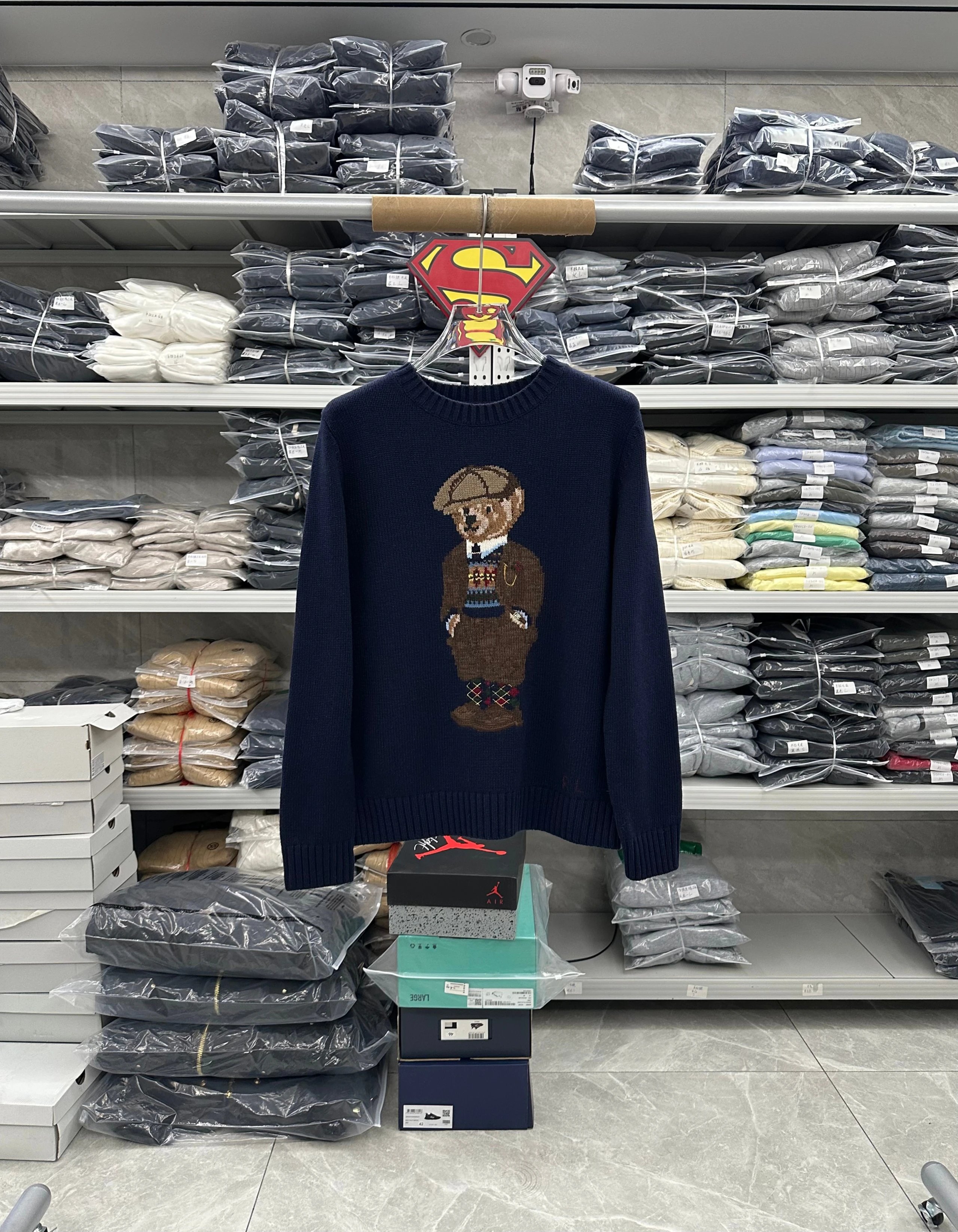 965RY-RL-Men's and Women's Wool Sweater-Grid Sock Bear Navy Blue