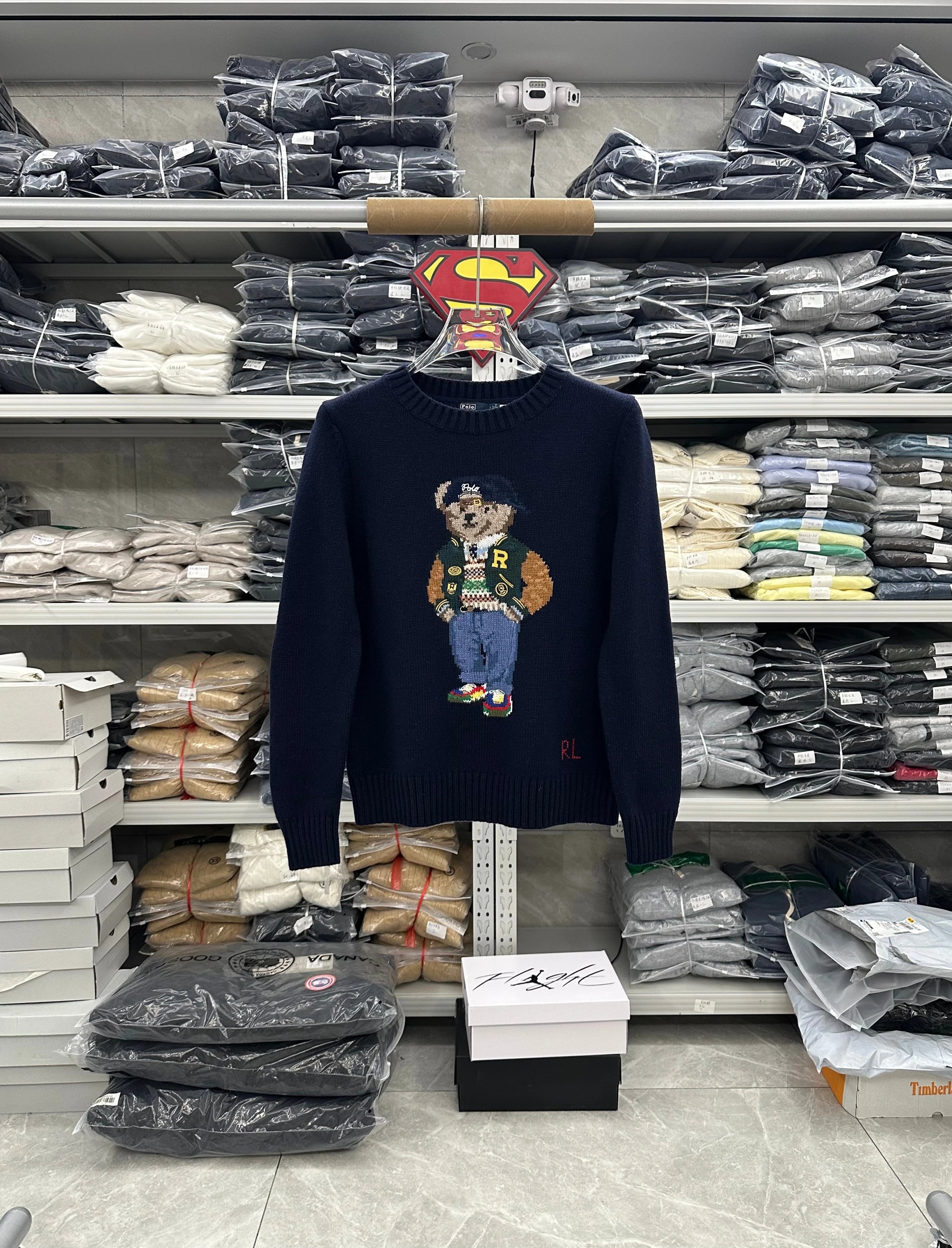 812YK-RL-Men's and Women's Wool Sweater-Green R Shirt Bear-Navy Blue