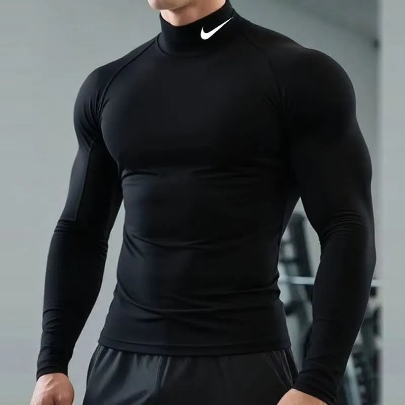 2025 Men's Basketball Velvet Tight Jacket Sports Long Sleeve High Neck Running Yoga Fitness Thin Style Quick Drying Bottom High Elasticity Tight Top
