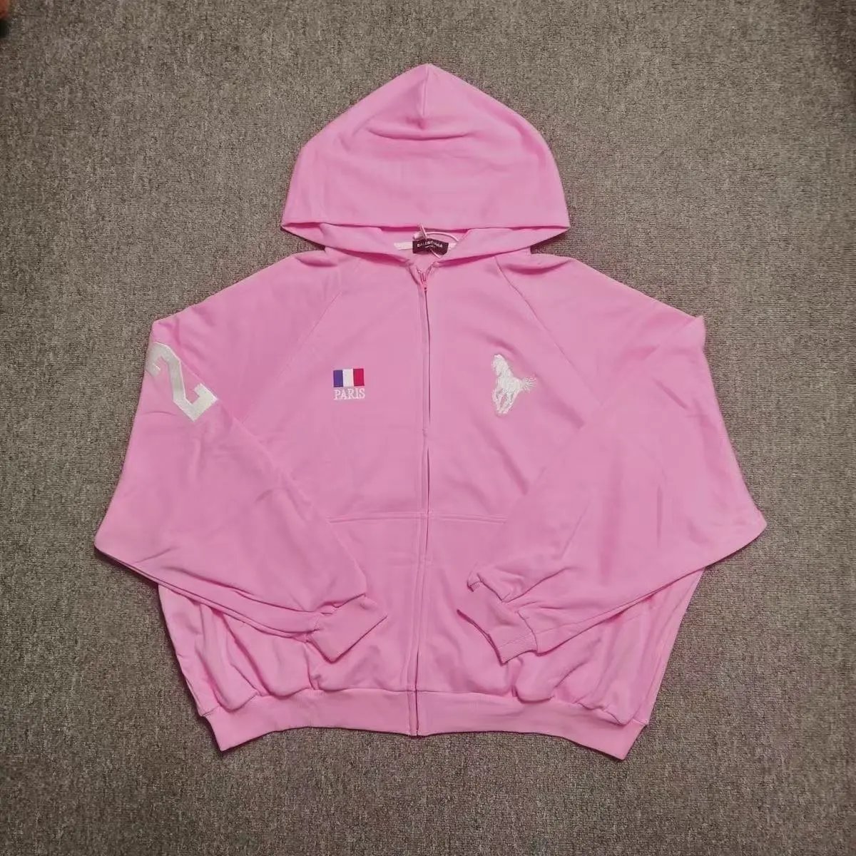 Pink War*Horse Embroidered Zipper Hooded Loose Sweatshirt