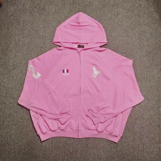 Pink War*Horse Embroidered Zipper Hooded Loose Sweatshirt