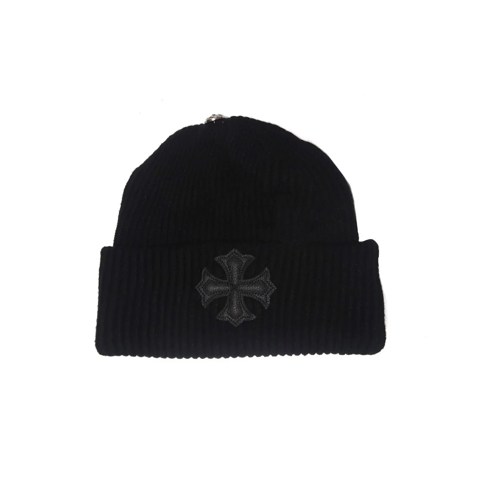 CHEmbroidered patchwork leather and suede dark-themed knitted woolen cap, cold-weather cap, snow ca