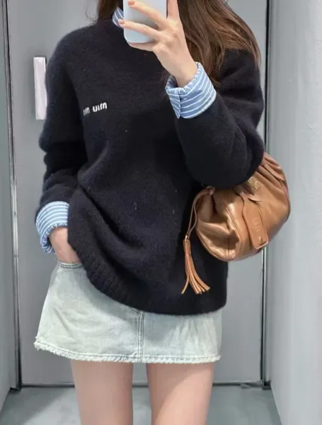 Miu Miu Embroidered Teddy Round-Neck Sweater Navy - 17