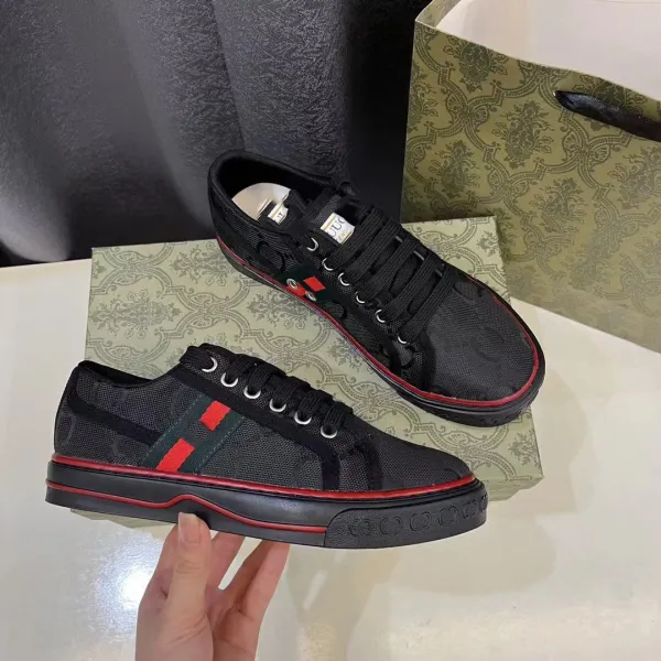 Gucci Ace GG Print Black Mesh Sneakers with Red Green Web Stripe - 1