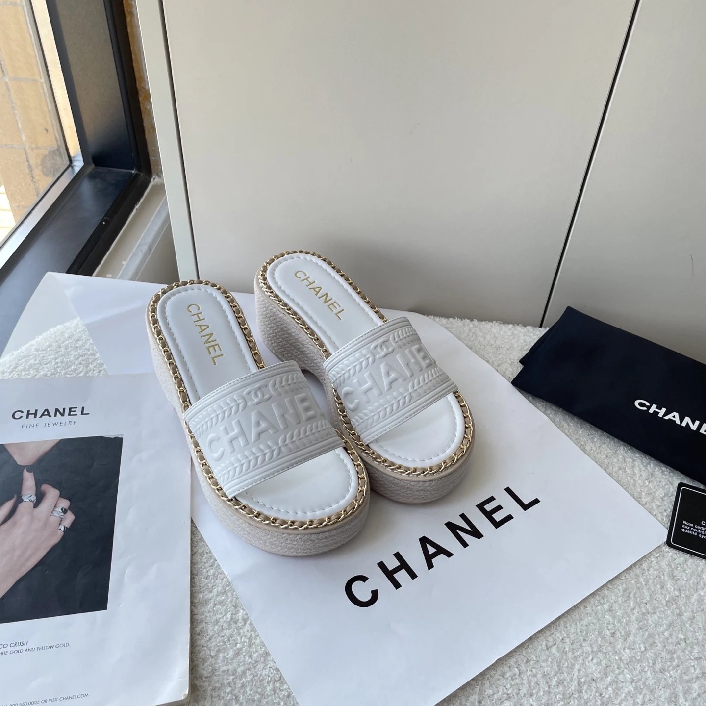 Chanel White Platform Espadrille Slide Sandals Gold Chain