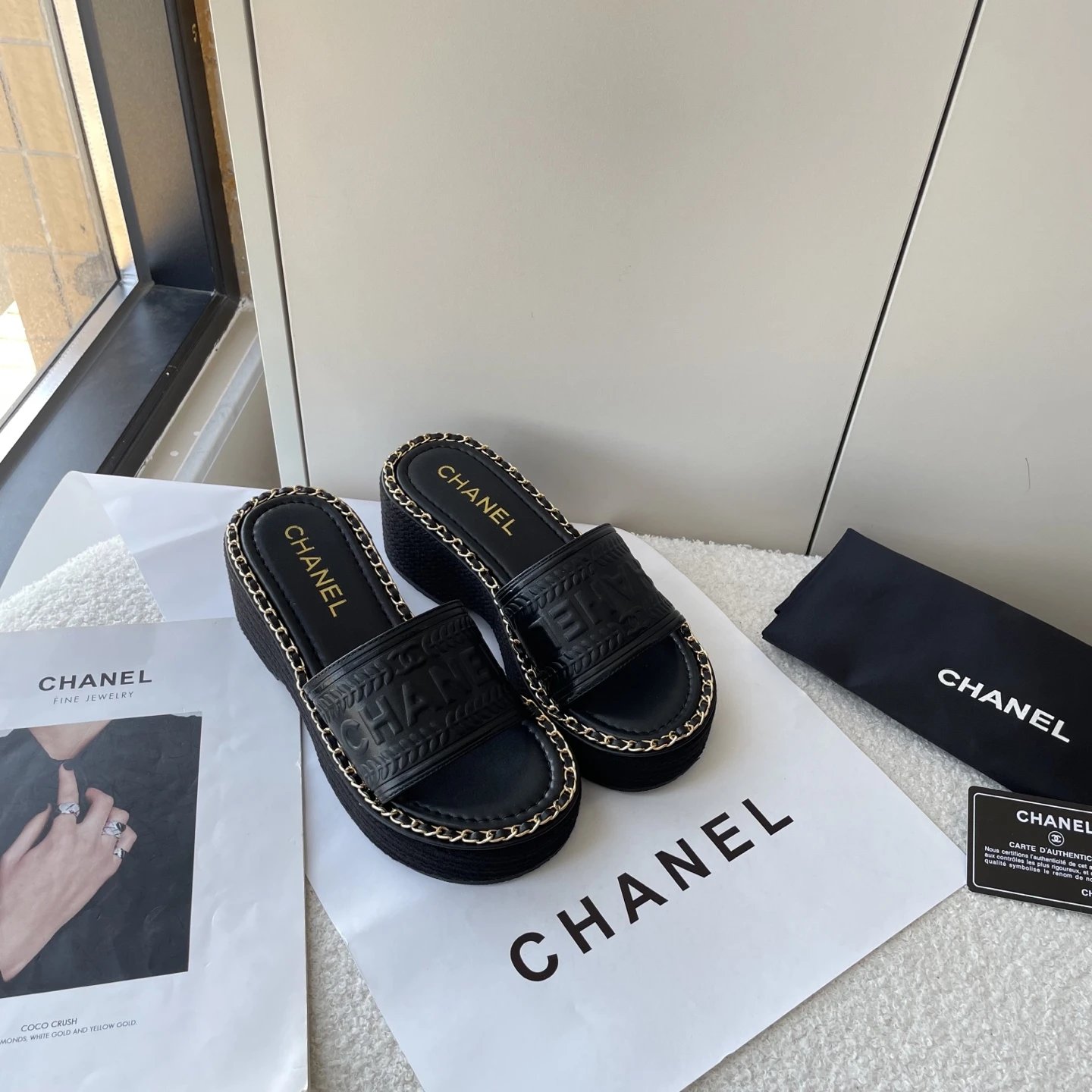Chanel Black Platform Slide Sandals Gold Chain Wedge