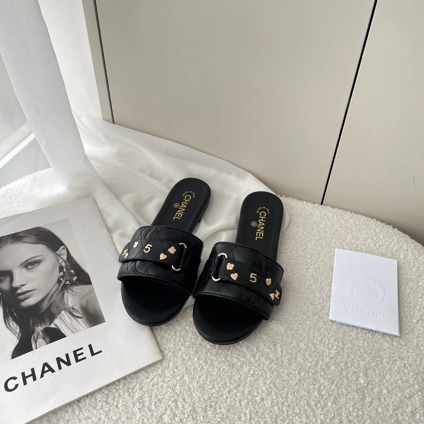 Chanel Black Quilted Lambskin Charm Slide Sandals