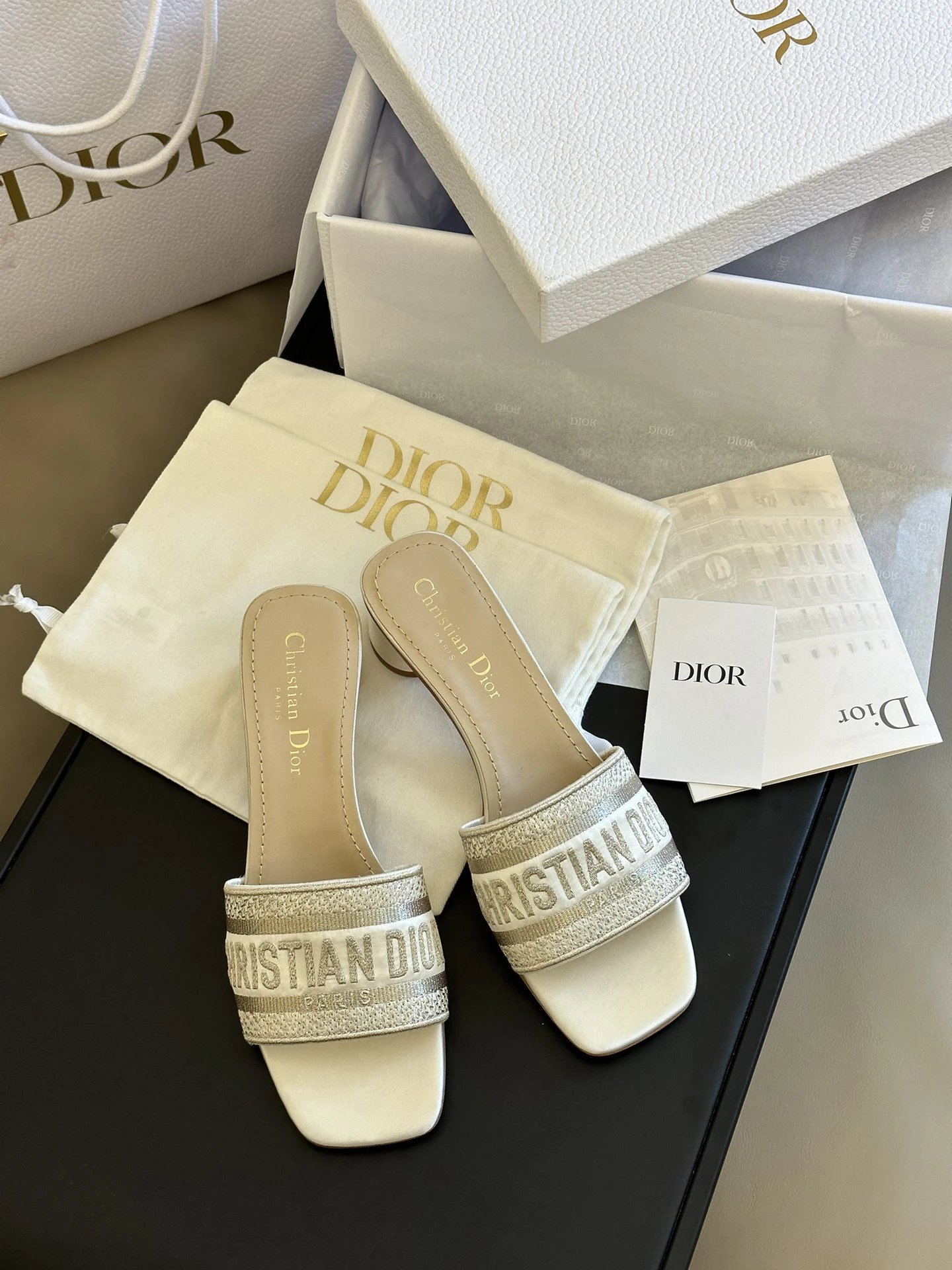 Dior Dway Ivory Embroidered Low Heel Slide Sandals
