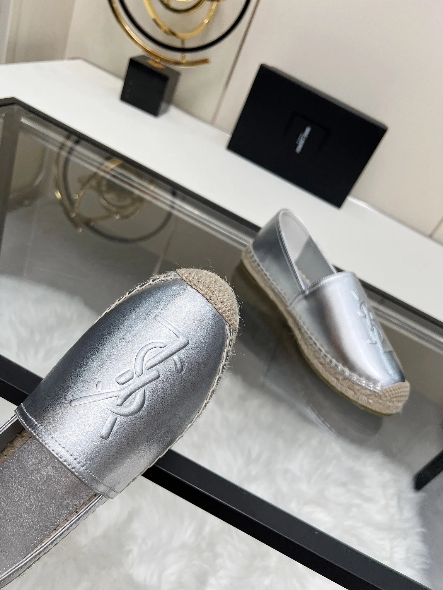 Saint Laurent Metallic Silver Leather Espadrille Loafers