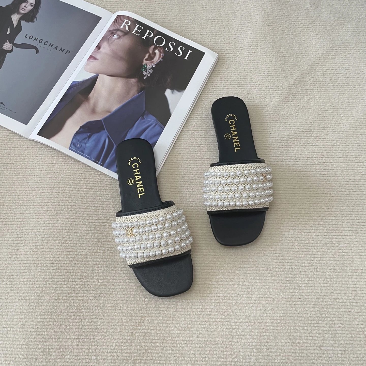 Chanel Black Pearl Woven Flat Slide Sandals