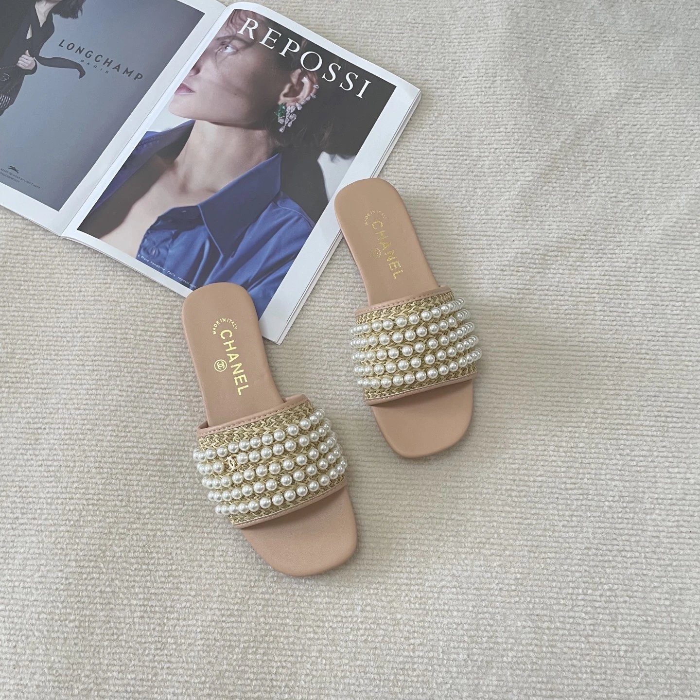 Chanel Beige Pearl Woven Leather Slide Sandals