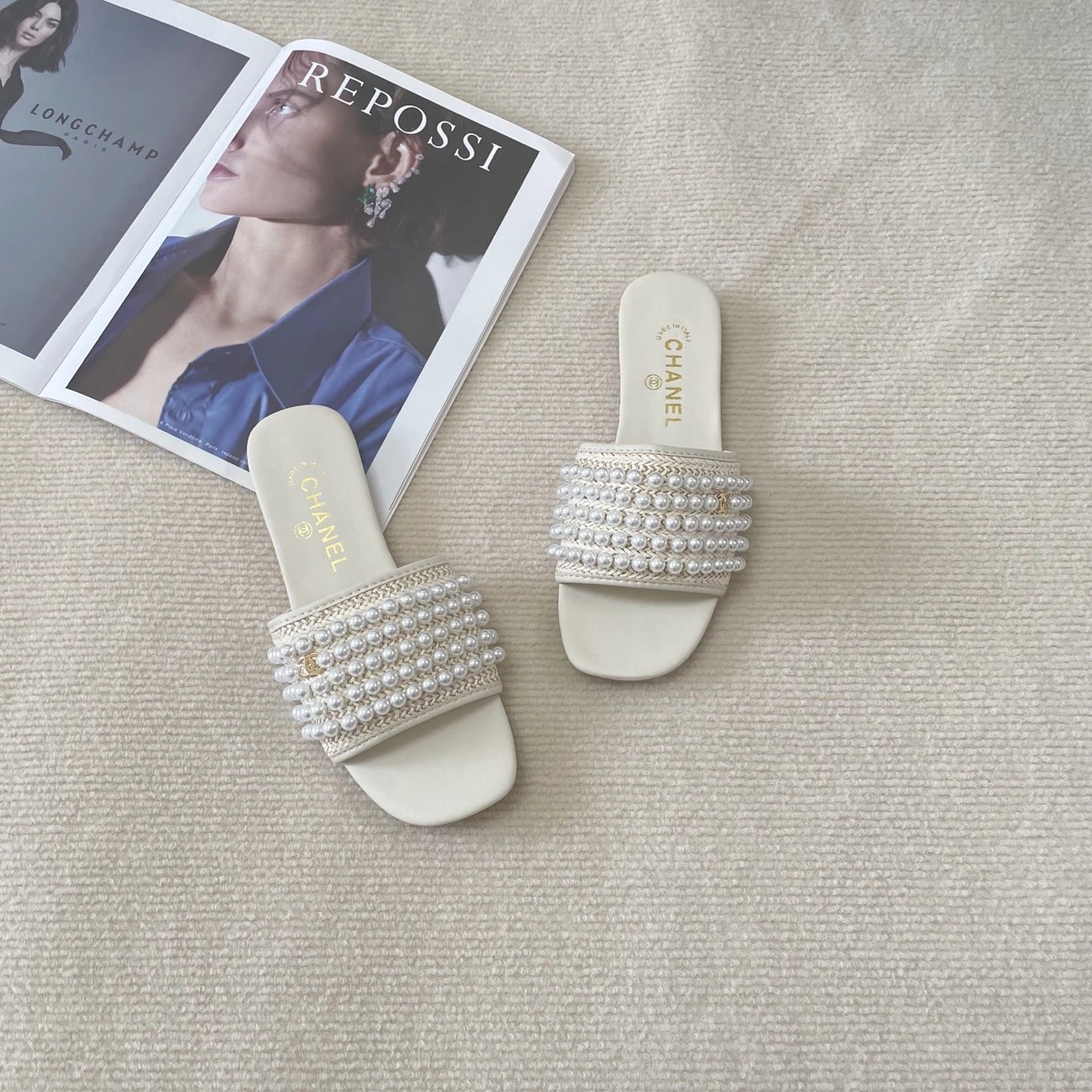 Chanel Ivory Pearl Woven Flat Slide Sandals for Women