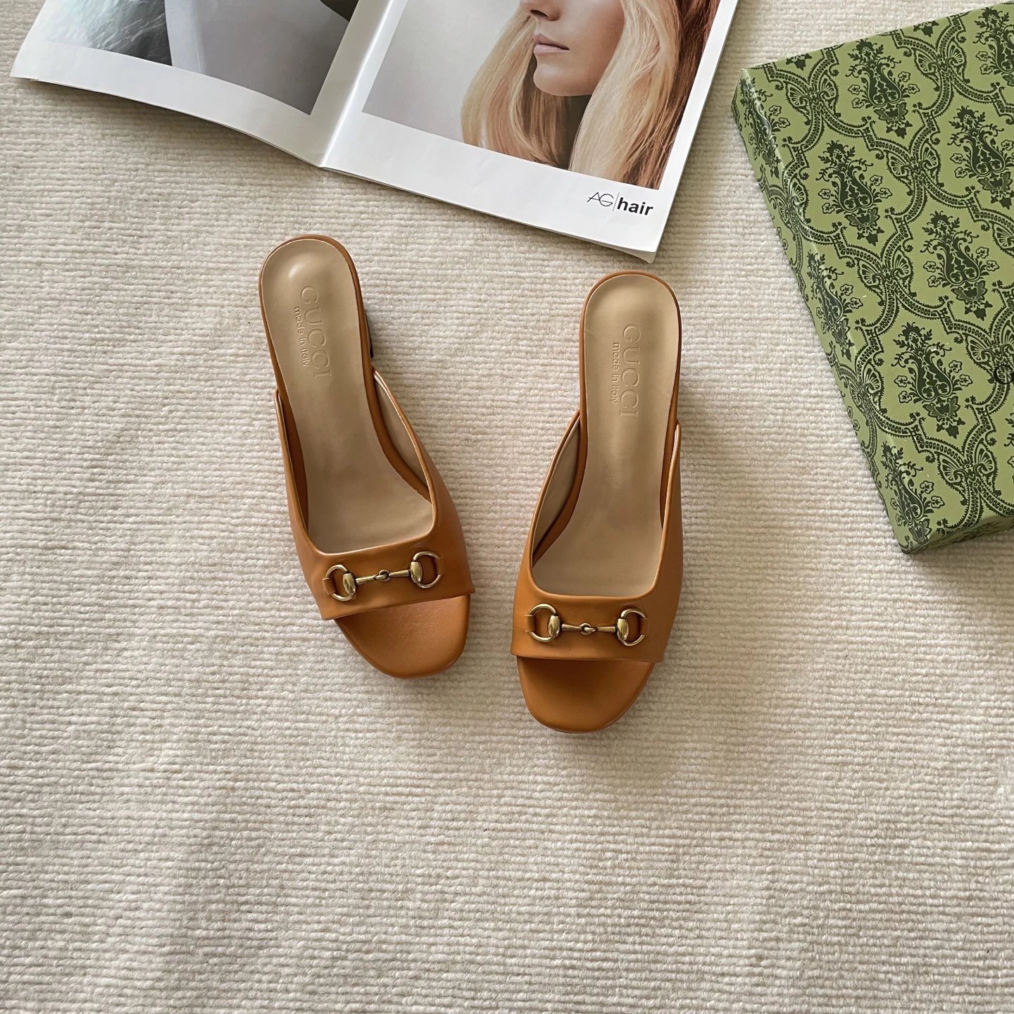 Gucci Brown Horsebit Open Toe Chunky Heel Mule Sandals