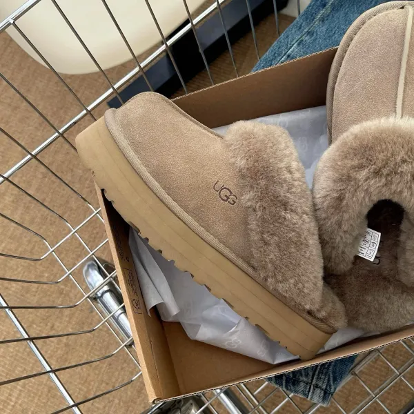 UGG Fluff Platform Slippers Beige Sheepskin Slippers - 6