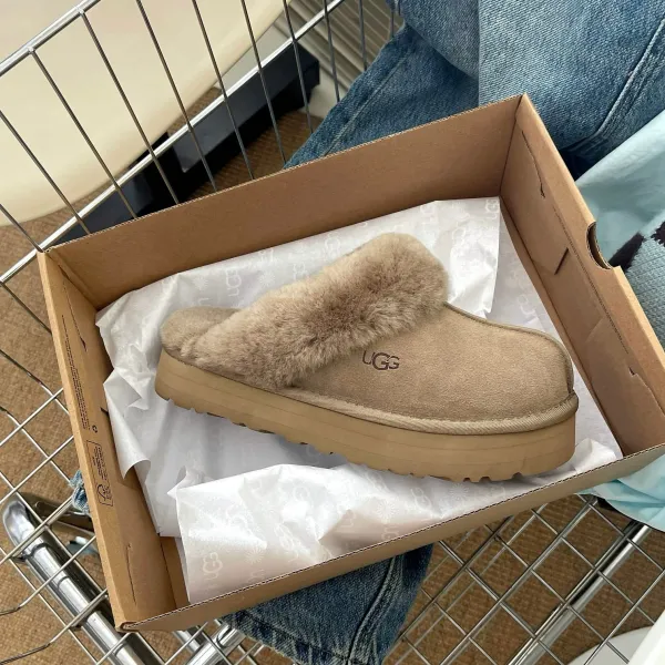 UGG Fluff Platform Slippers Beige Sheepskin Slippers - 7