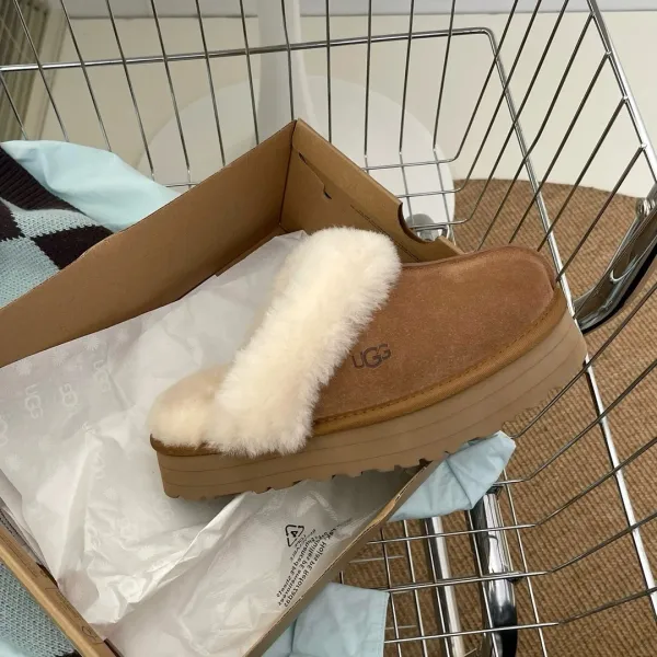 UGG Fluff Platform Slippers Beige Sheepskin Slippers - 4