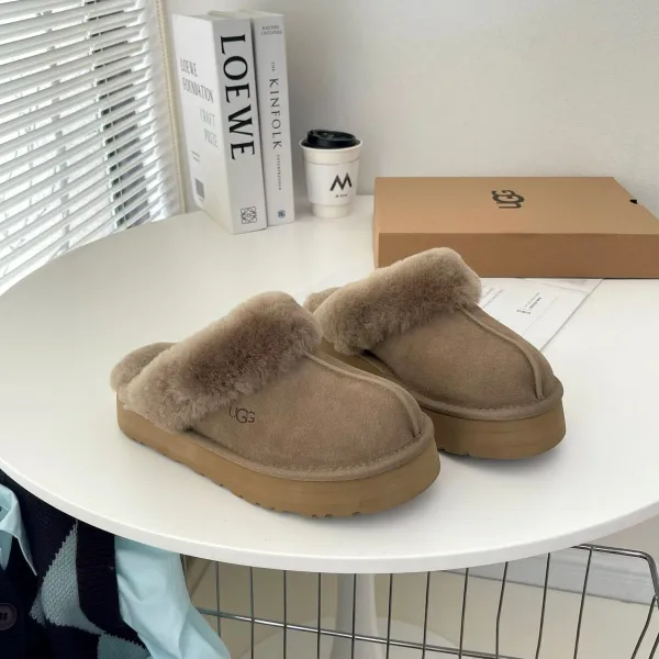 UGG Fluff Platform Slippers Beige Sheepskin Slippers - 1