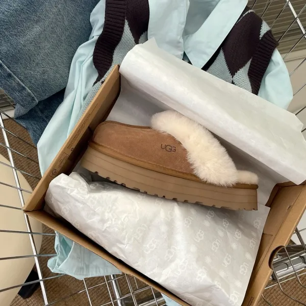 UGG Fluff Platform Slippers Beige Sheepskin Slippers - 5