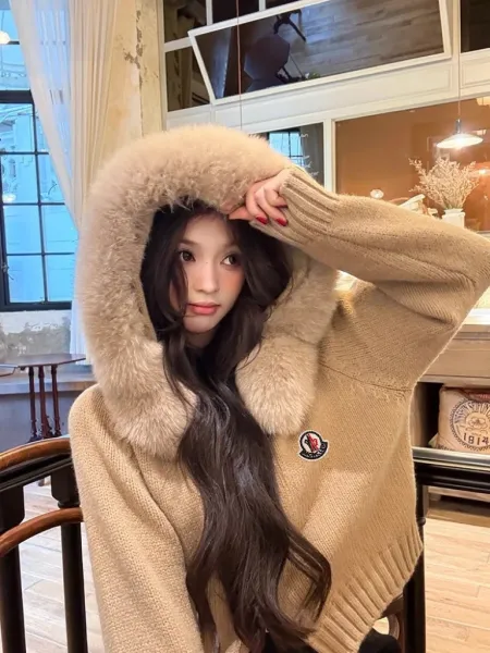 Moncler Hooded Knit Sweater Beige - 1