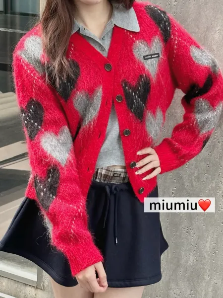 Miu Miu Heart-Print Mohair Cardigan Red - 11