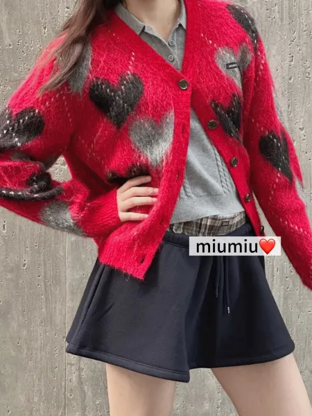 Miu Miu Heart-Print Mohair Cardigan Red - 4
