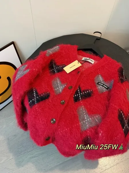 Miu Miu Heart-Print Mohair Cardigan Red - 6