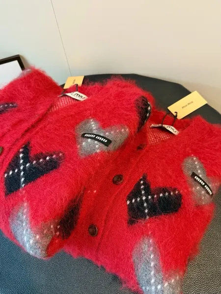 Miu Miu Heart-Print Mohair Cardigan Red - 5