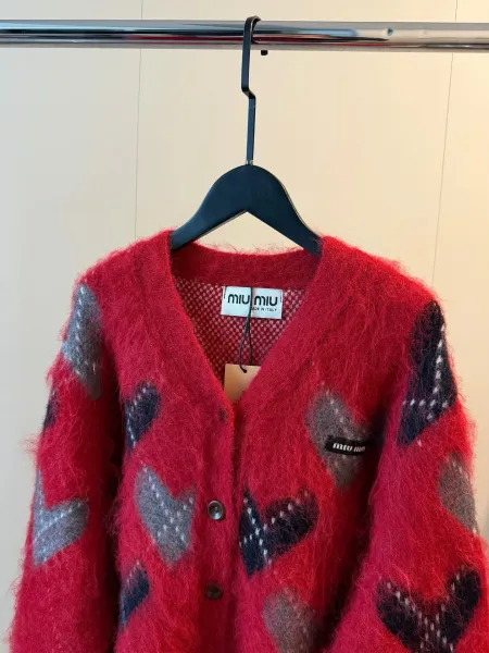 Miu Miu Heart-Print Mohair Cardigan Red - 9