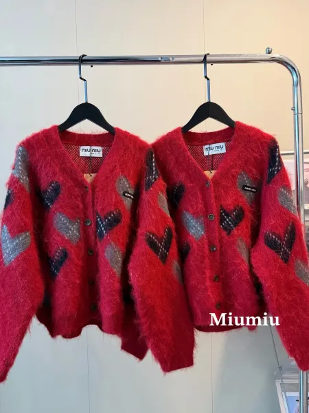 Miu Miu Heart-Print Mohair Cardigan Red - 1
