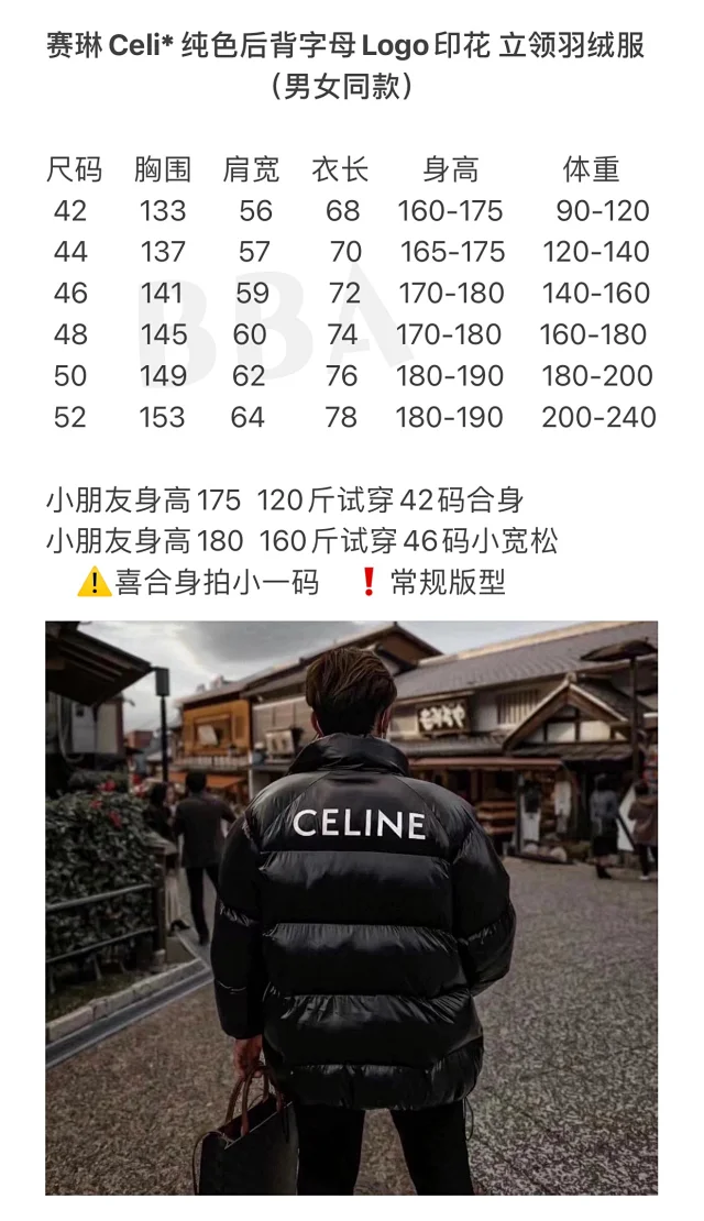 【高定版】赛琳Celine 纯色后背字母Logo印花 立领羽绒服