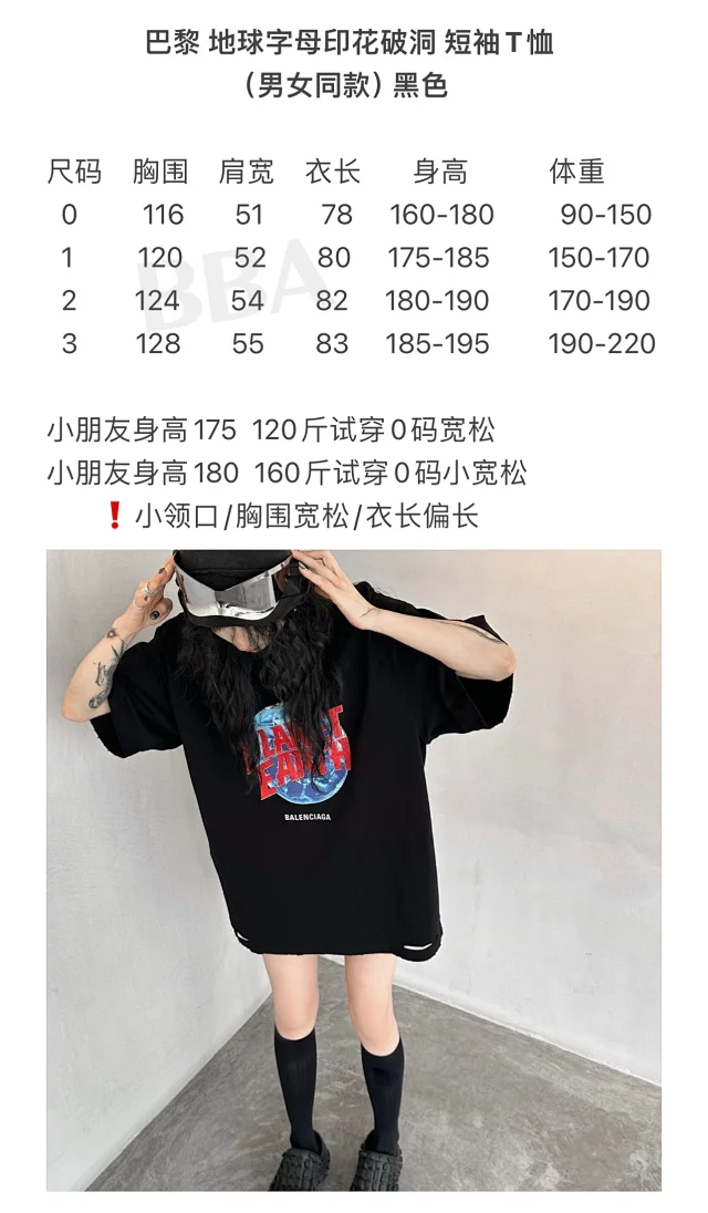 【高定版】巴黎世家 BLCG 地球字母印花破洞 短袖T恤