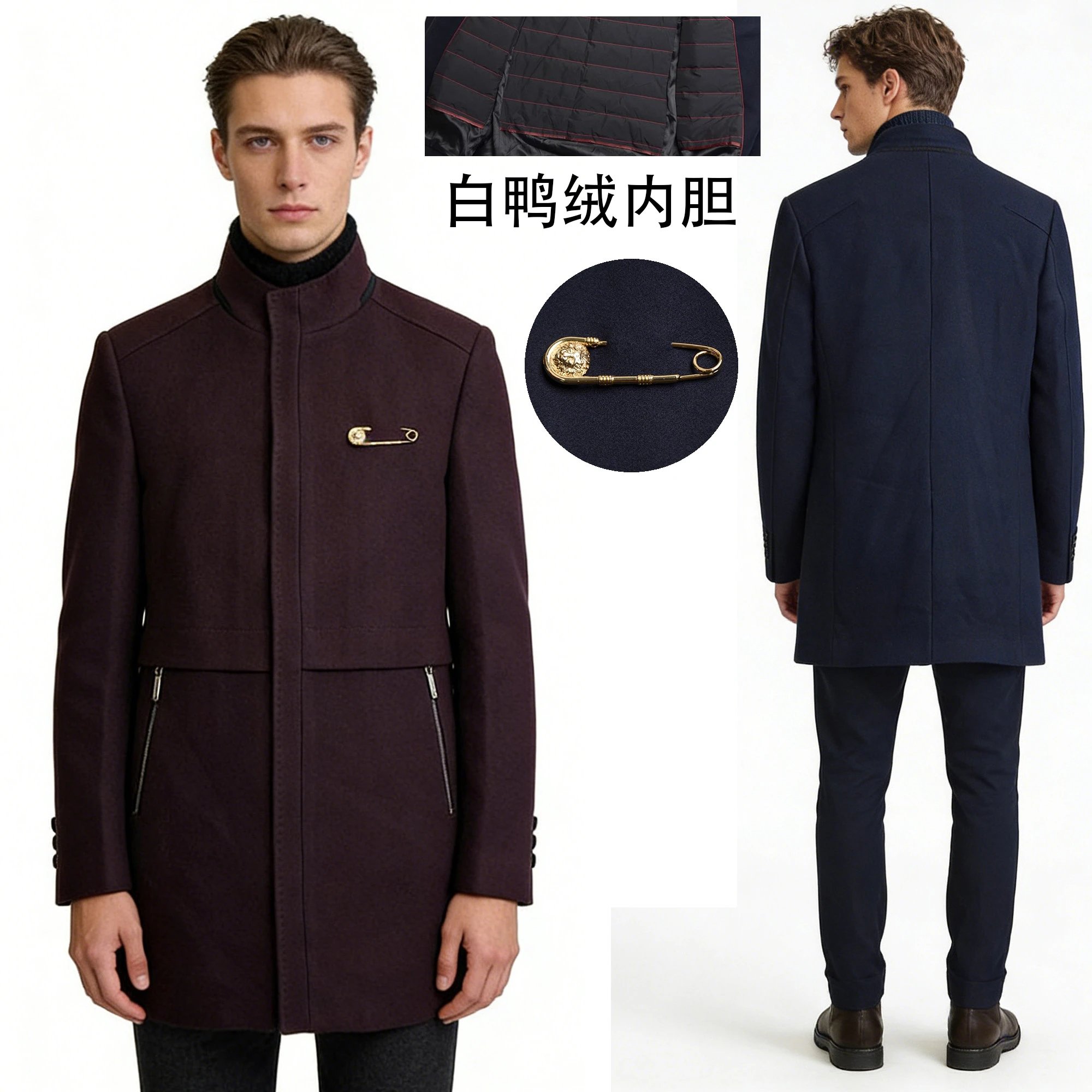 XS/S size only Fan Si sting down inner lining woolen thick men's coat 55% wool blend fabric 90% filled white duck down detachable real mink fur collar warm fit zipper jacket S size weight 1280 grams autumn/winter XMNWT007
