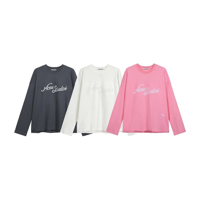 3272# AC Logo Letter 3D Embroidered Long Sleeve T-Shirt in Gray Blue, Pink, White S-XL