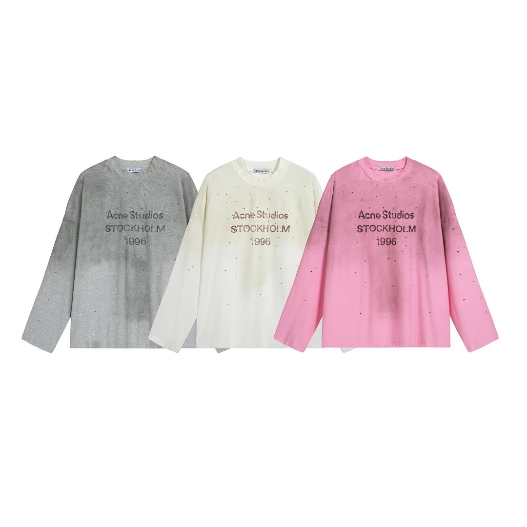 3296# New Gray & Pink! AC Style Limited Rhinestone Logo Faded Print Long Sleeve T-Shirt, Gray, Pink, White, S-XL