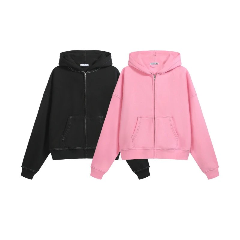 AC Embroidered Logo Letter Zipper Hoodie - Pink, Black, S-XL