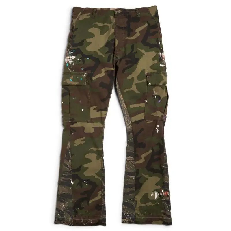 903# Gallery Dept New Green Camo Splatter Print Patchwork Flared Cargo Pants, American High Street Bootcut Trousers, Patchwork Casual Pants, Lisa Same Style Camo Pants, Green Camo, Size S~XL
