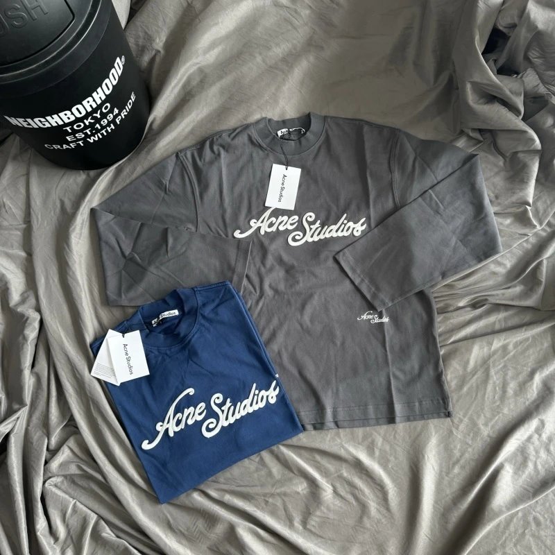 Acne Studios 2025 new 3D embroidered cursive signature letter logo long sleeved T-shirt - K42