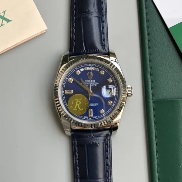 Rolex Day-Date 18K Yellow Gold Silver Dial Green Alligator Strap Mechanical Watch - 10