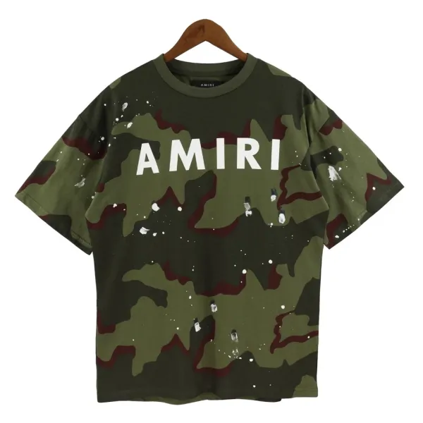 Amiri Camo Print Distressed Logo T-Shirt Army Green - 14